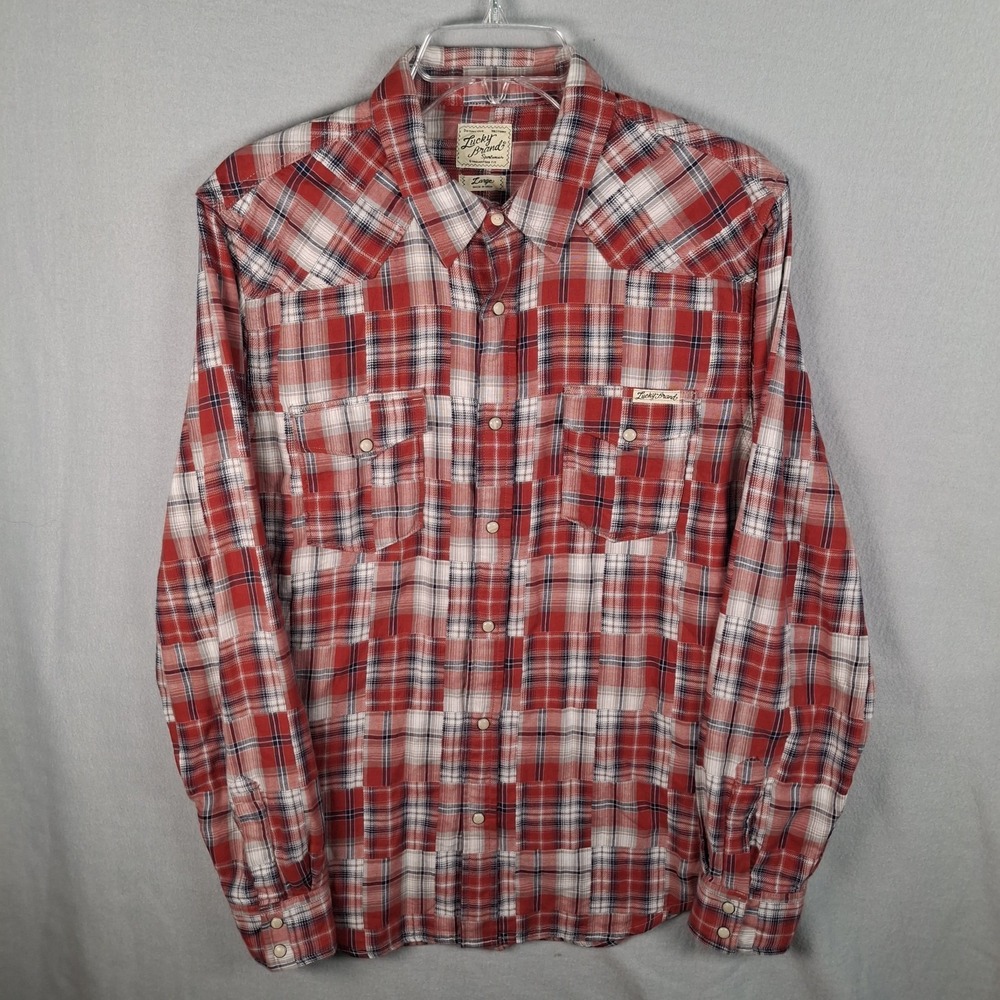 Lucky Brand Shirt Men's Large Red Flannel Plaid Patchwork‎ Pearl Snap Western